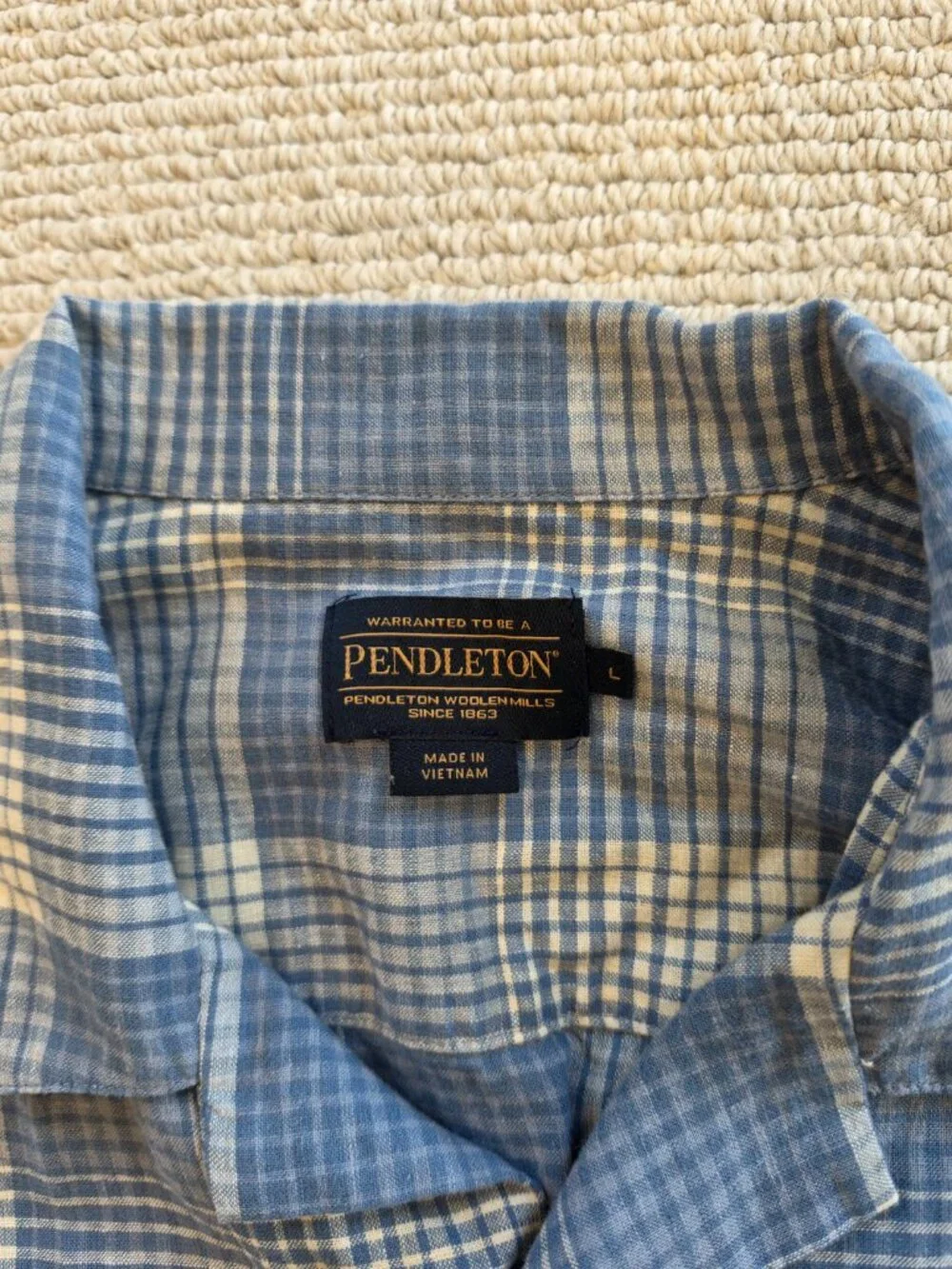 Men's Pendleton Linen Short Sleeve Button Up Shirt Blue Excellent Large